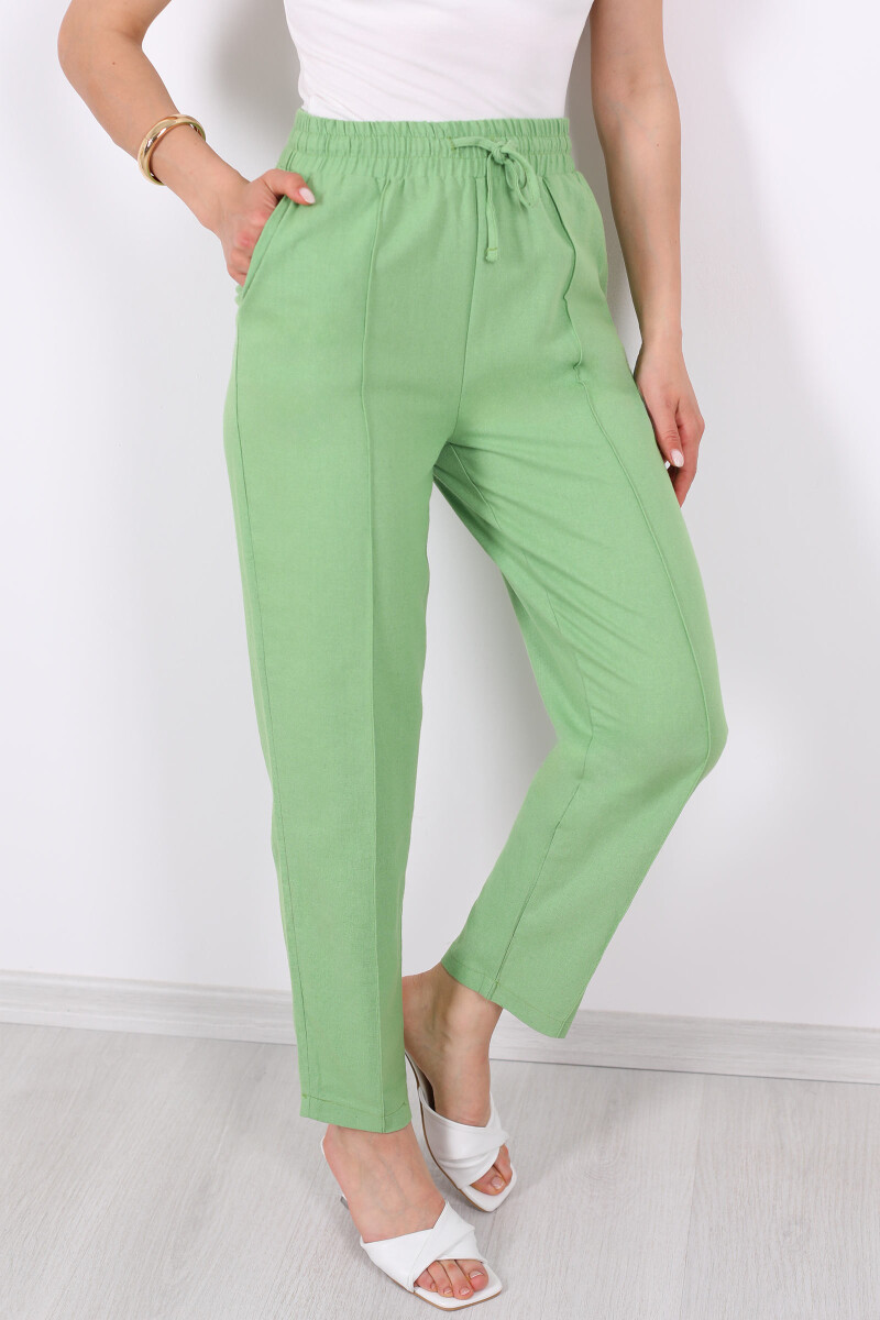 Beli Lastikli Çimalı Keten Yeşil Kadın Pantolon - 2
