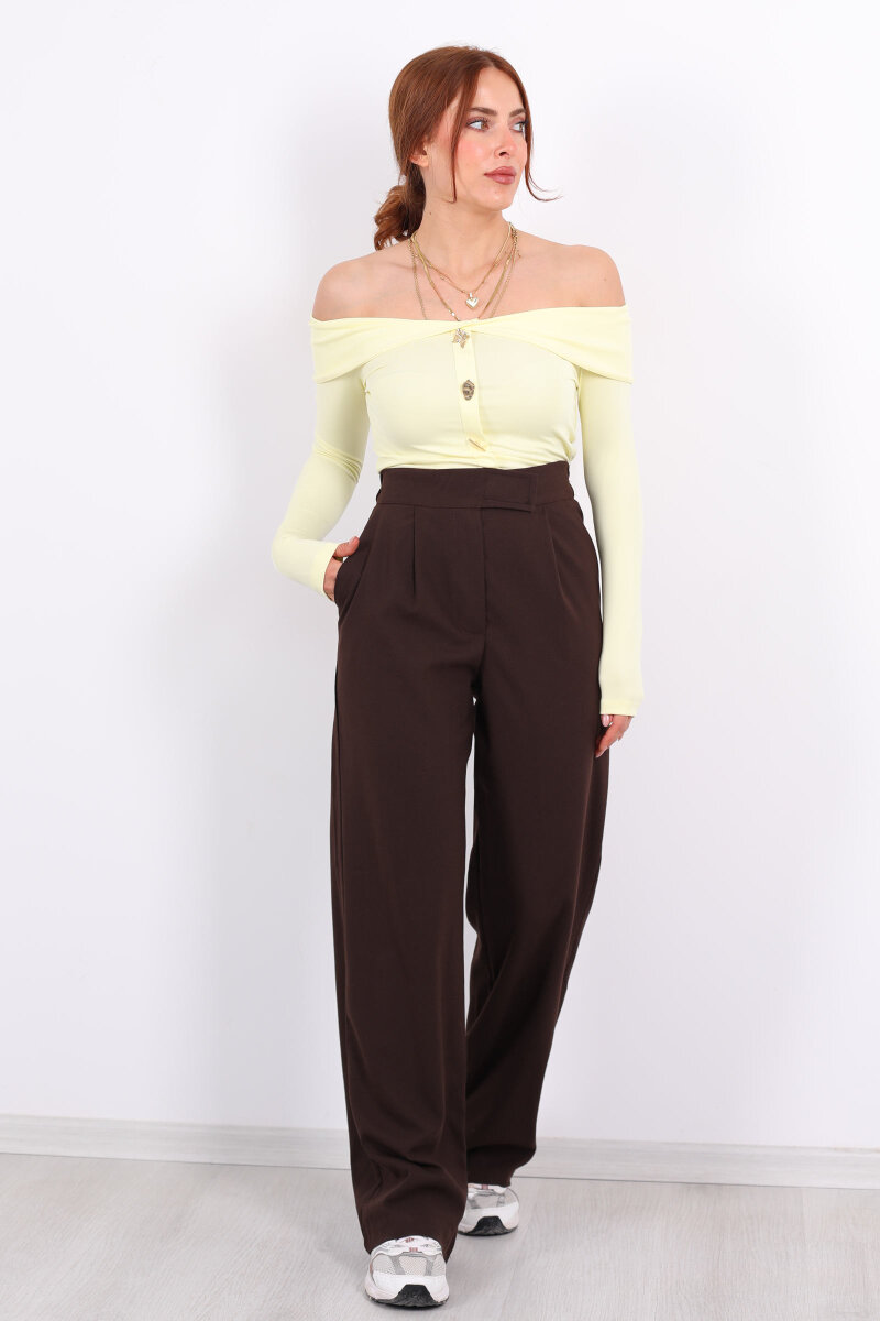 Beli Lastikli Cırtlı Acı Kahve Kadın Pantolon - 3