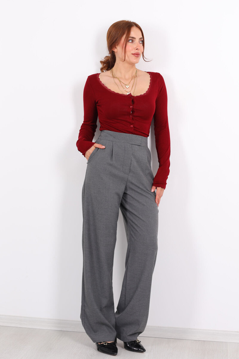 Beli Lastikli Cırtlı Füme Kadın Pantolon - 1
