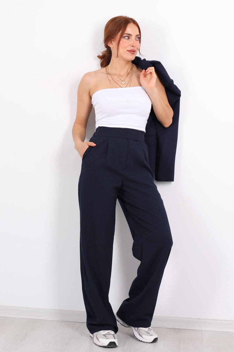 Beli Lastikli Cırtlı Lacivert Kadın Pantolon - 1