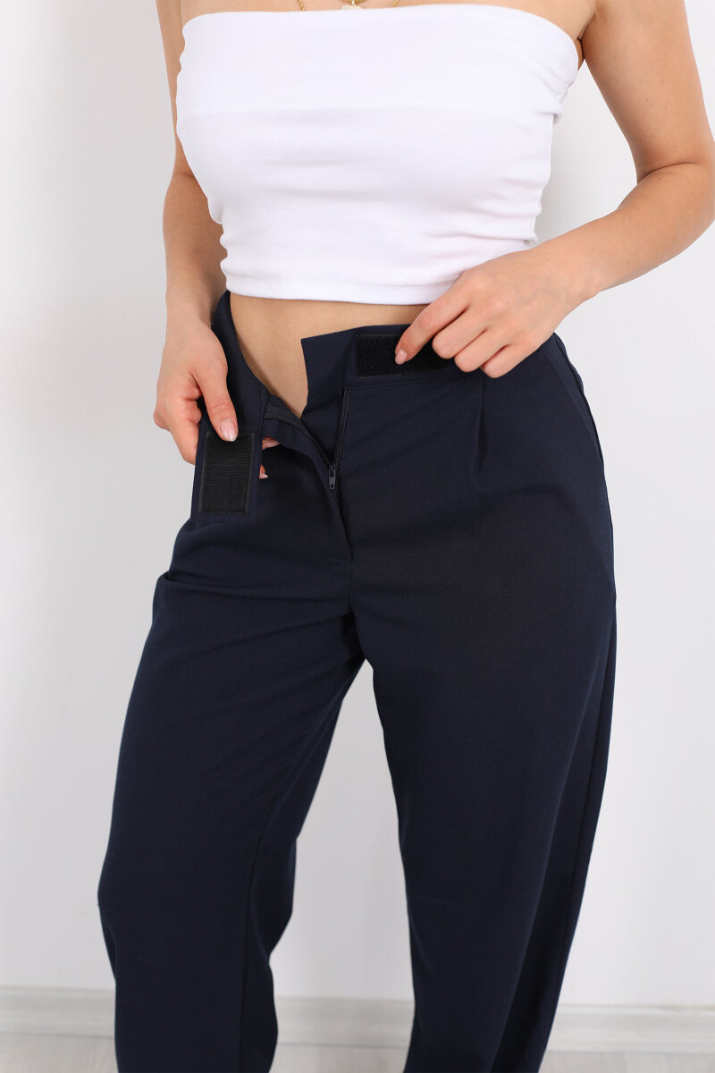 Beli Lastikli Cırtlı Lacivert Kadın Pantolon - 2