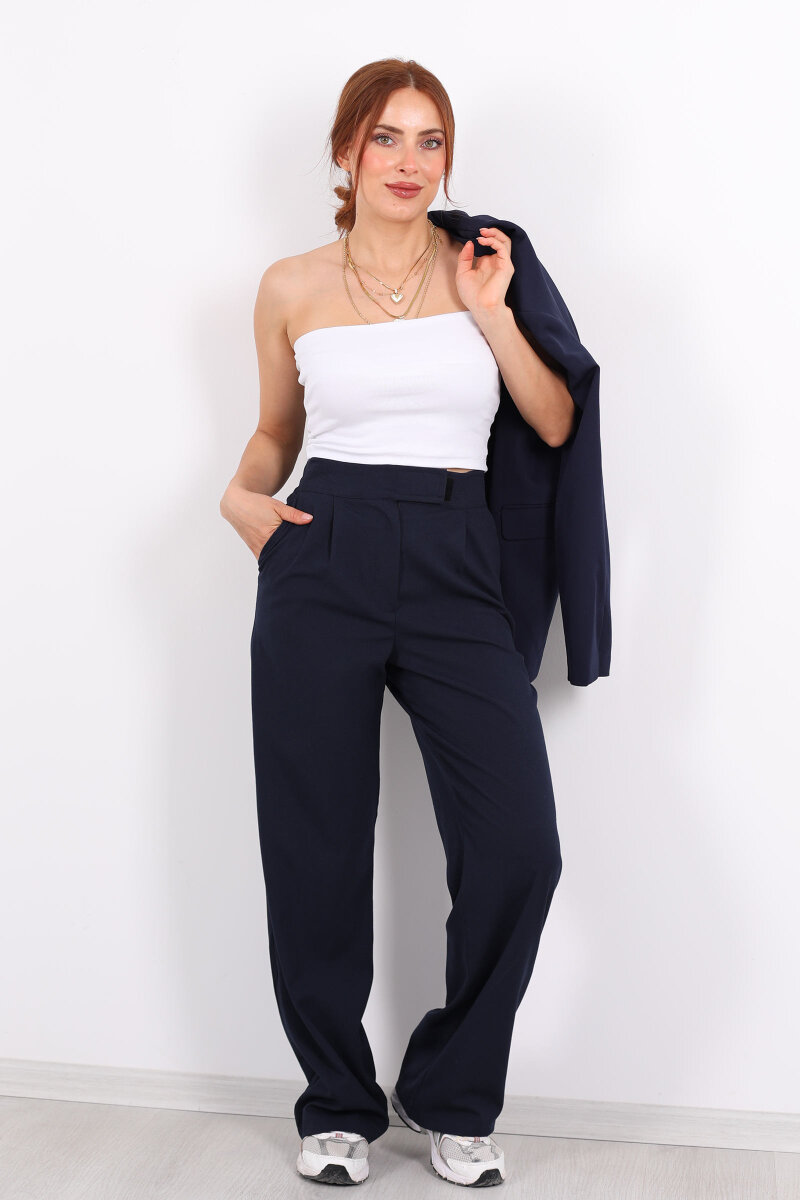 Beli Lastikli Cırtlı Lacivert Kadın Pantolon - 4