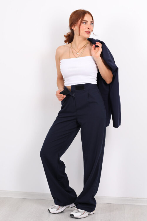 Beli Lastikli Cırtlı Lacivert Kadın Pantolon - 6
