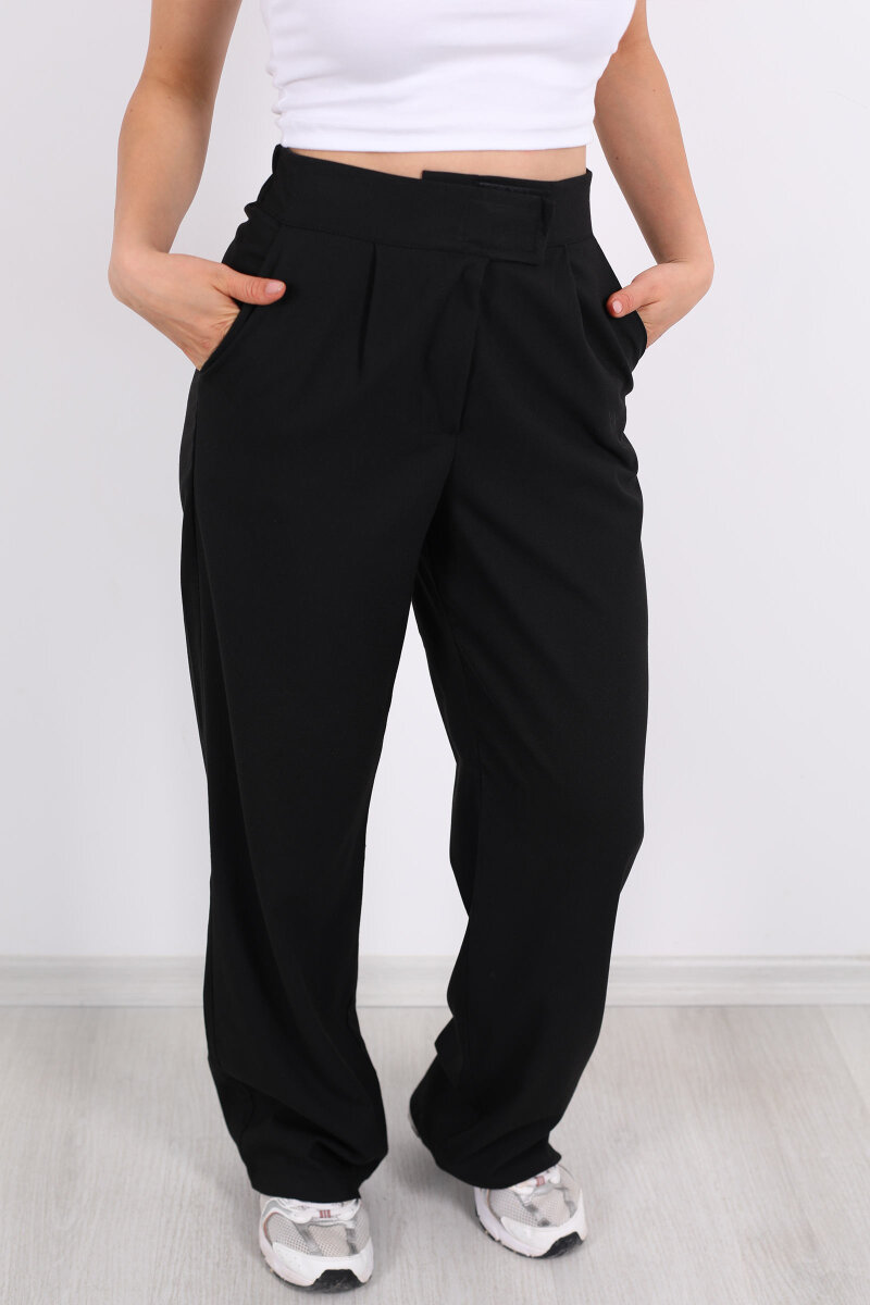 Beli Lastikli Cırtlı Siyah Kadın Pantolon - 2