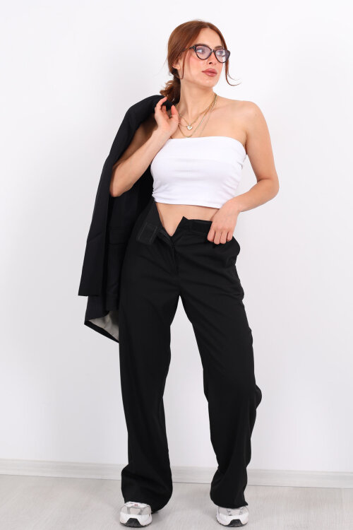Beli Lastikli Cırtlı Siyah Kadın Pantolon - 4