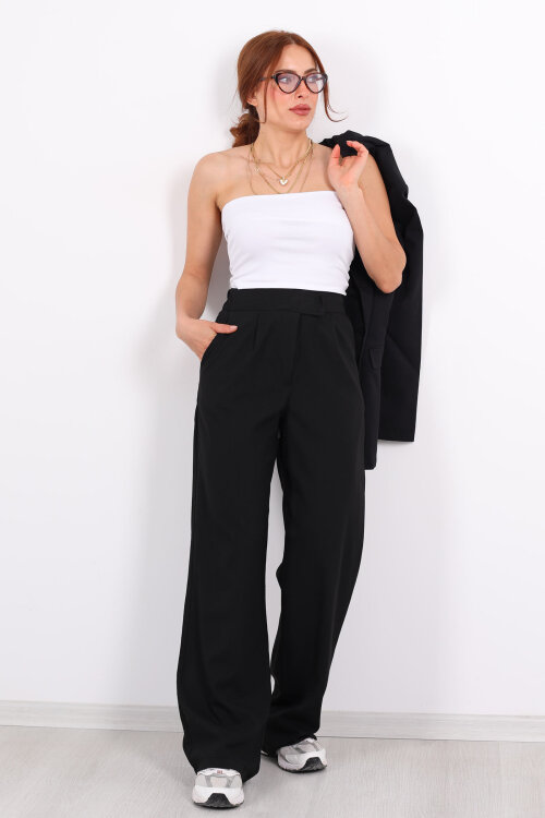 Beli Lastikli Cırtlı Siyah Kadın Pantolon - Berox