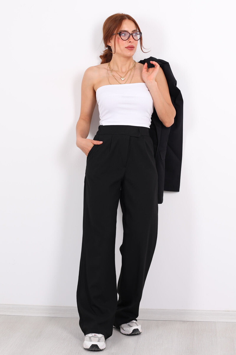 Beli Lastikli Cırtlı Siyah Kadın Pantolon - 1