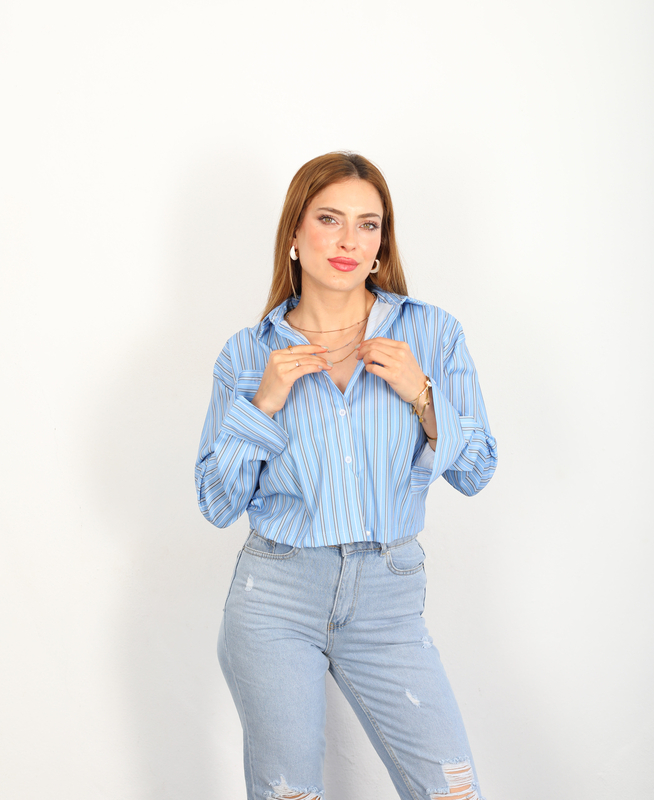 Beli Lastikli Çizgili Mavi Kadın Gömlek - 2
