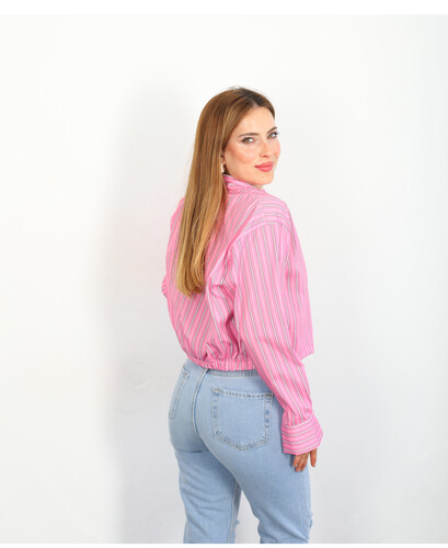 Beli Lastikli Çizgili Pembe Kadın Gömlek - 4