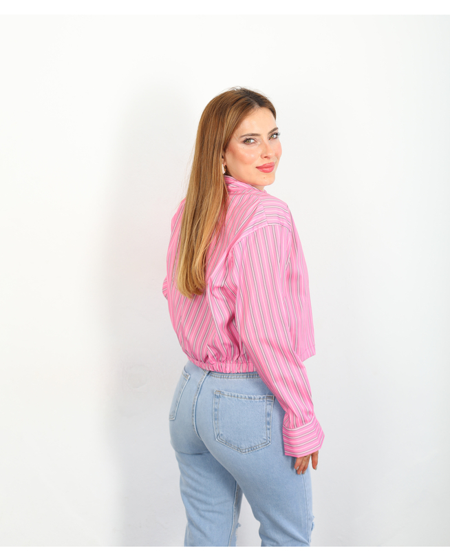 Beli Lastikli Çizgili Pembe Kadın Gömlek - 4