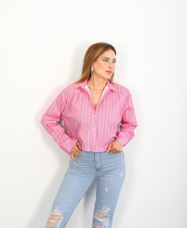 Beli Lastikli Çizgili Pembe Kadın Gömlek - 2