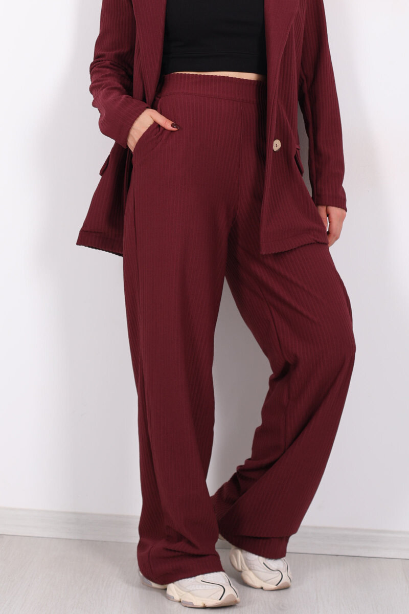 Beli Lastikli Dokuma Bordo Kadın Palazzo Pantolon - 2