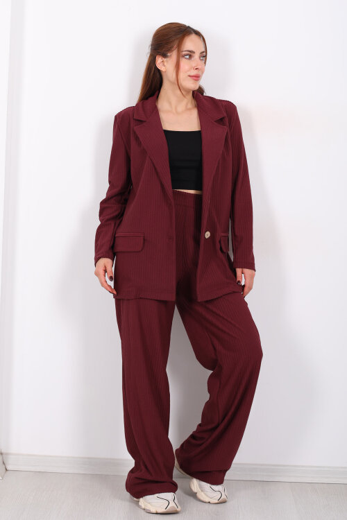 Beli Lastikli Dokuma Bordo Kadın Palazzo Pantolon - 3