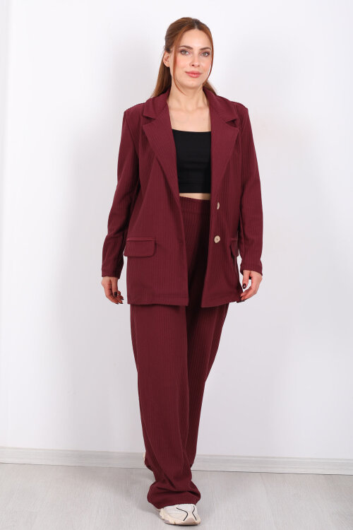 Beli Lastikli Dokuma Bordo Kadın Palazzo Pantolon - 5