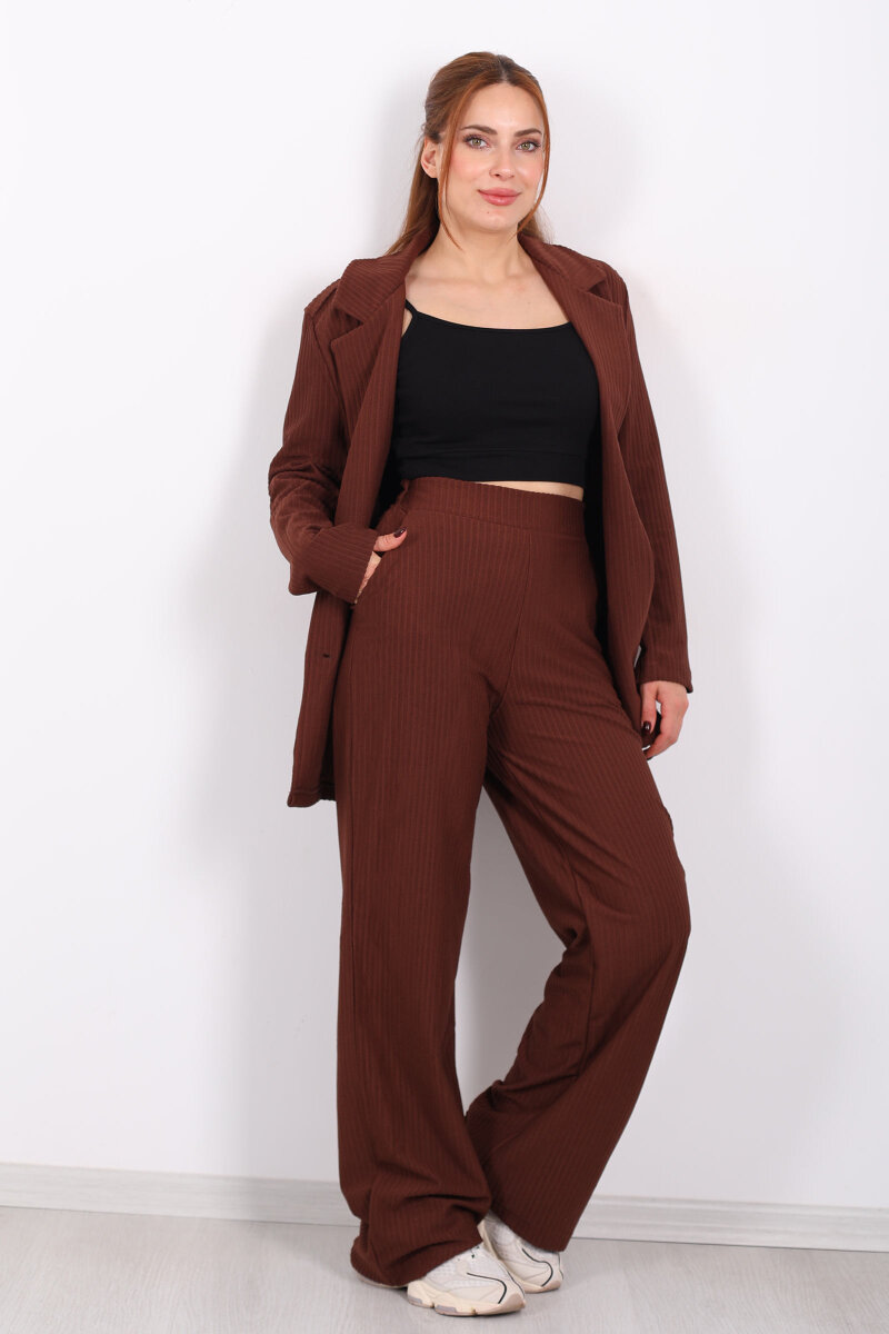 Beli Lastikli Dokuma Kahverengi Kadın Palazzo Pantolon - 1