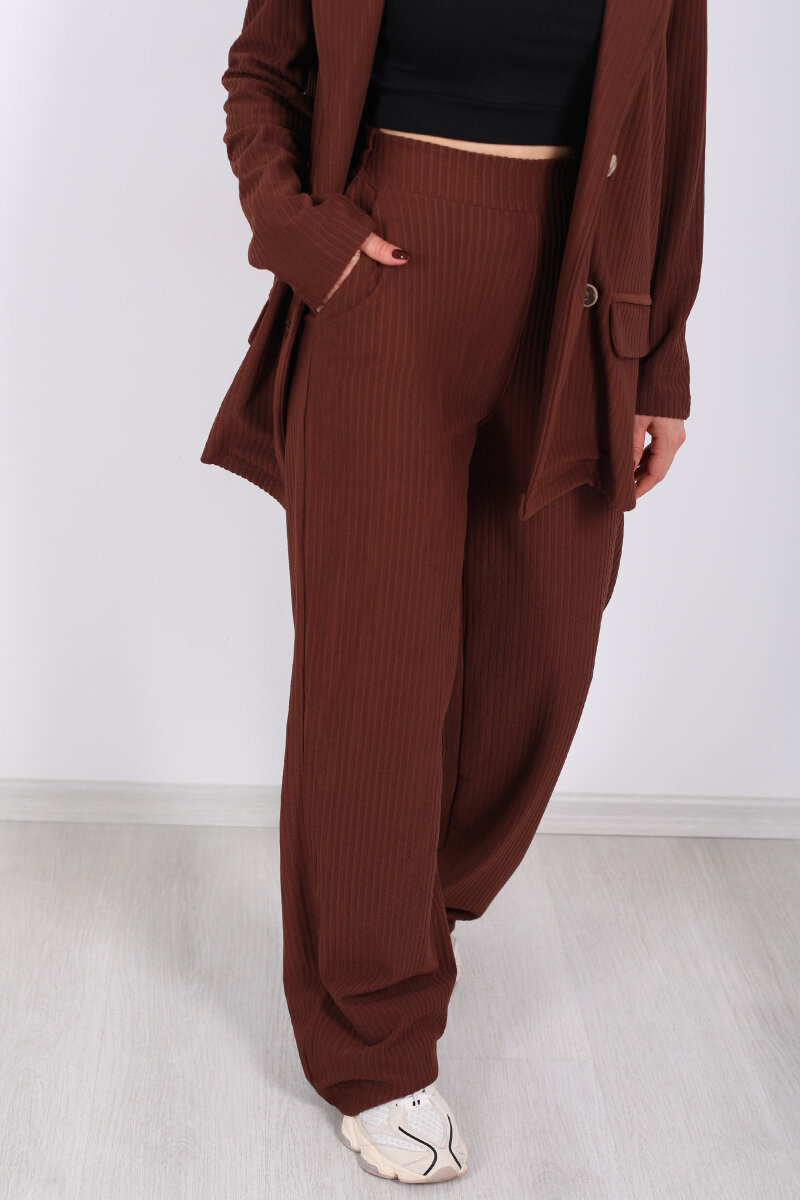 Beli Lastikli Dokuma Kahverengi Kadın Palazzo Pantolon - 2