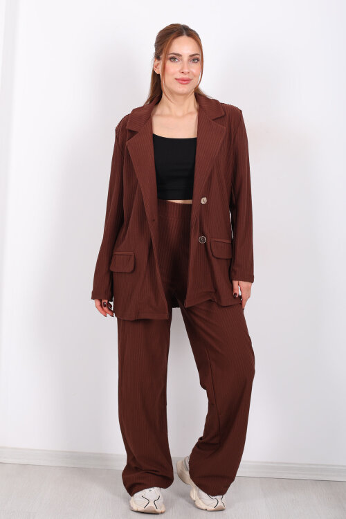 Beli Lastikli Dokuma Kahverengi Kadın Palazzo Pantolon - 3