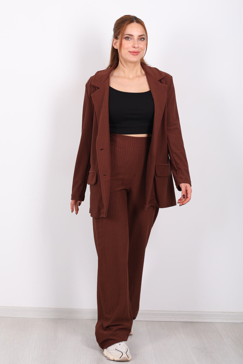 Beli Lastikli Dokuma Kahverengi Kadın Palazzo Pantolon - 4