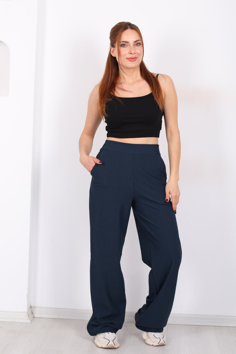 Beli Lastikli Dokuma Marin Kadın Palazzo Pantolon - 5