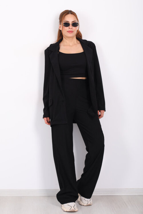 Beli Lastikli Dokuma Siyah Kadın Palazzo Pantolon - 5