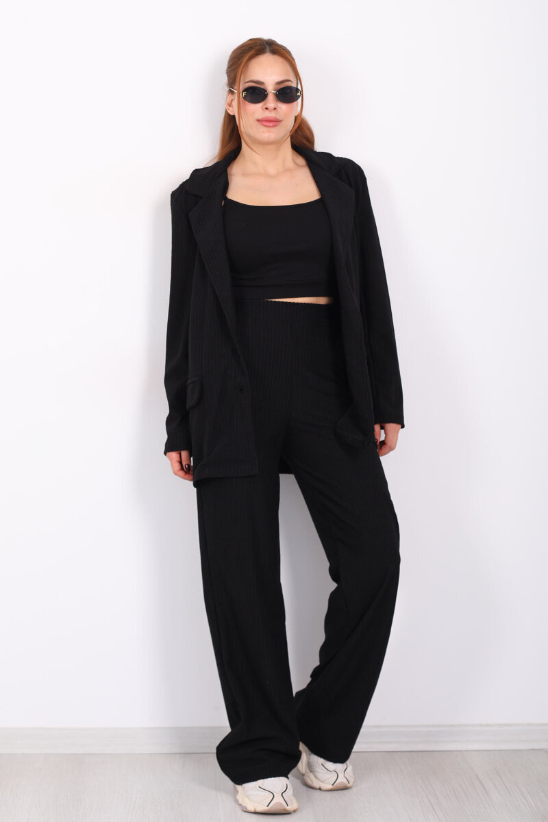 Beli Lastikli Dokuma Siyah Kadın Palazzo Pantolon - 5