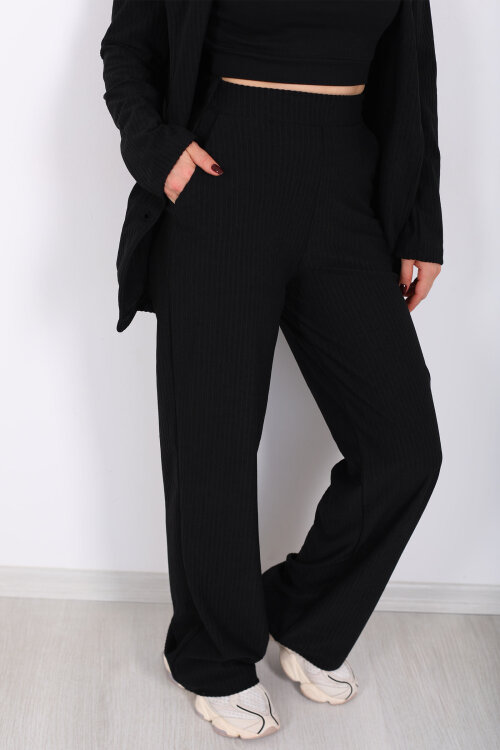 Beli Lastikli Dokuma Siyah Kadın Palazzo Pantolon - Berox (1)