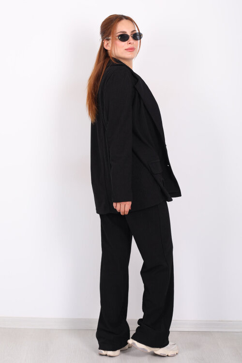 Beli Lastikli Dokuma Siyah Kadın Palazzo Pantolon - 4