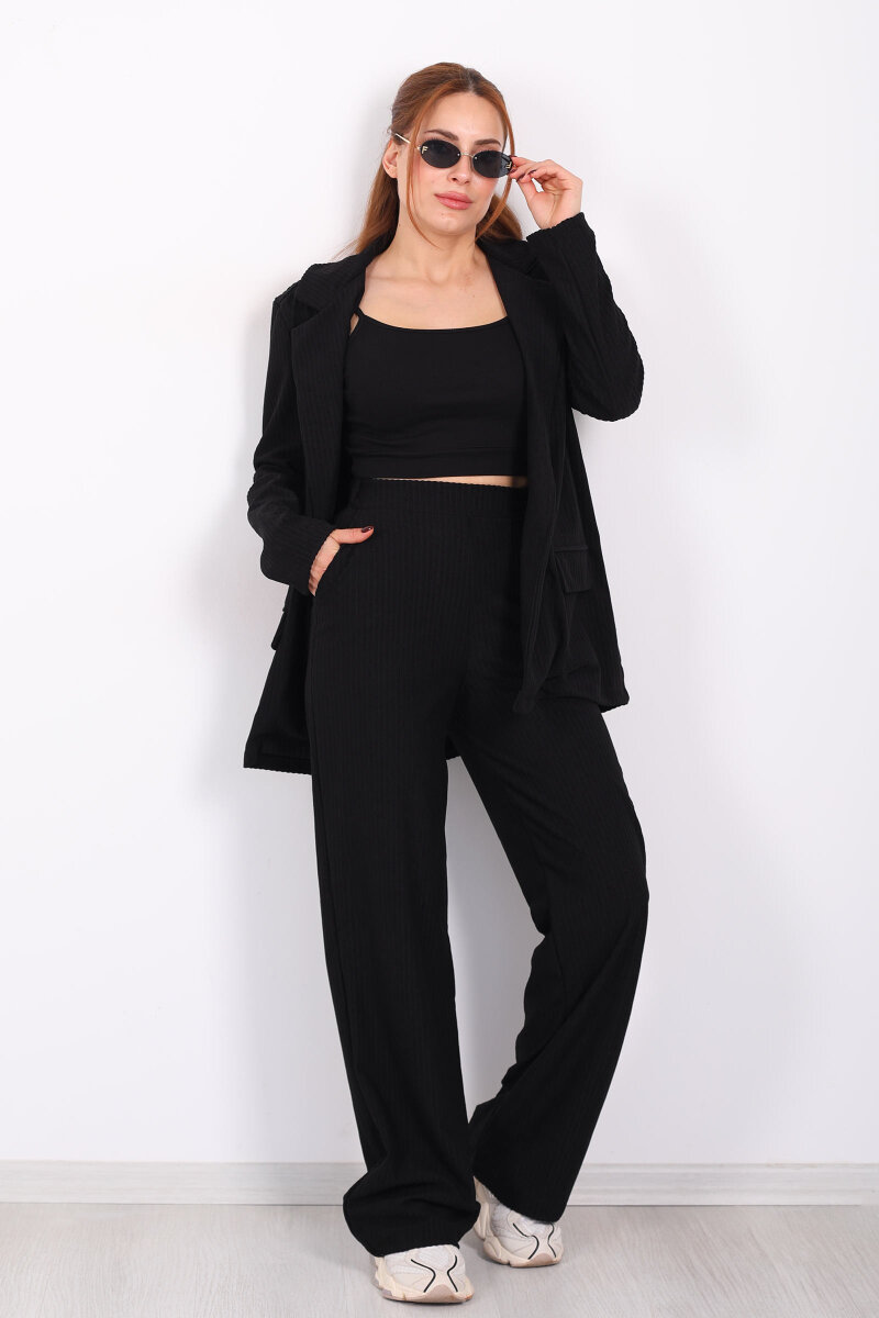 Beli Lastikli Dokuma Siyah Kadın Palazzo Pantolon - 1