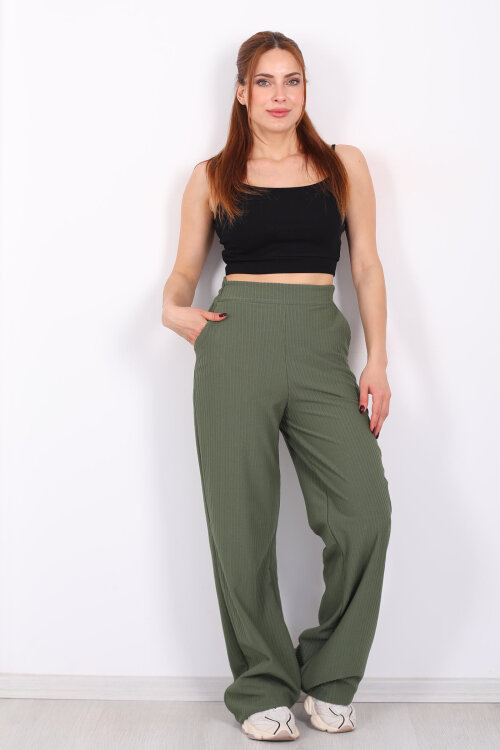 Beli Lastikli Dokuma Yeşil Kadın Palazzo Pantolon - 3