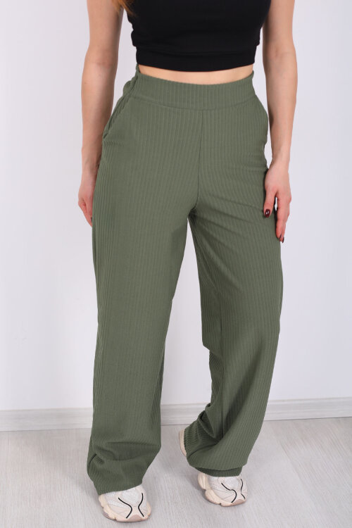 Beli Lastikli Dokuma Yeşil Kadın Palazzo Pantolon - Berox (1)