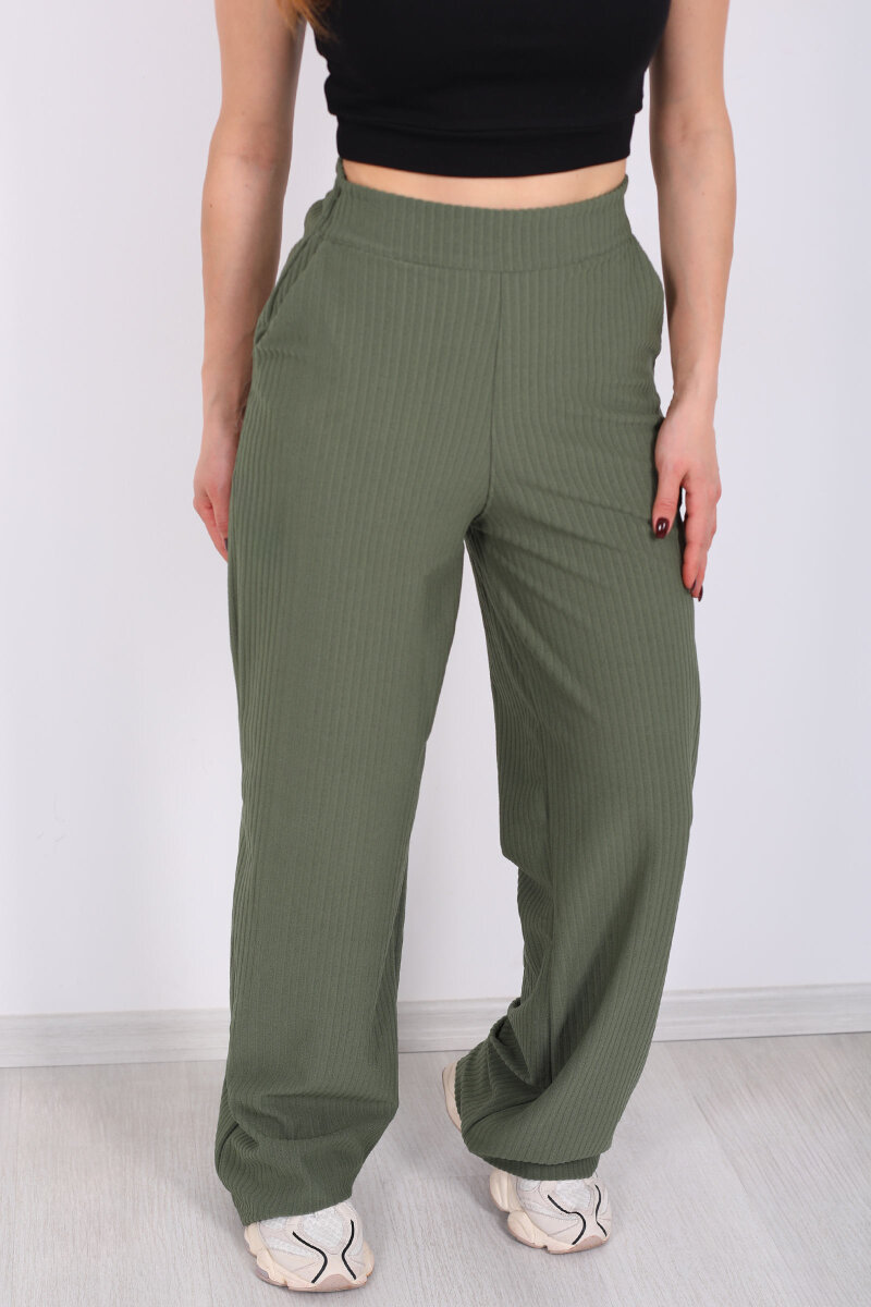 Beli Lastikli Dokuma Yeşil Kadın Palazzo Pantolon - 2