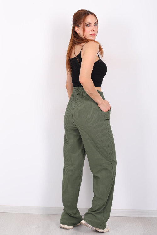 Beli Lastikli Dokuma Yeşil Kadın Palazzo Pantolon - 4