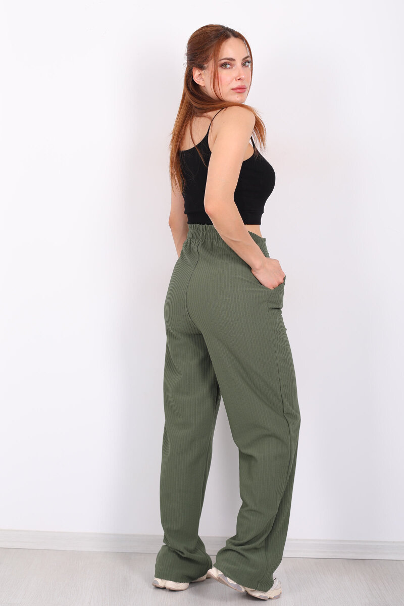 Beli Lastikli Dokuma Yeşil Kadın Palazzo Pantolon - 4