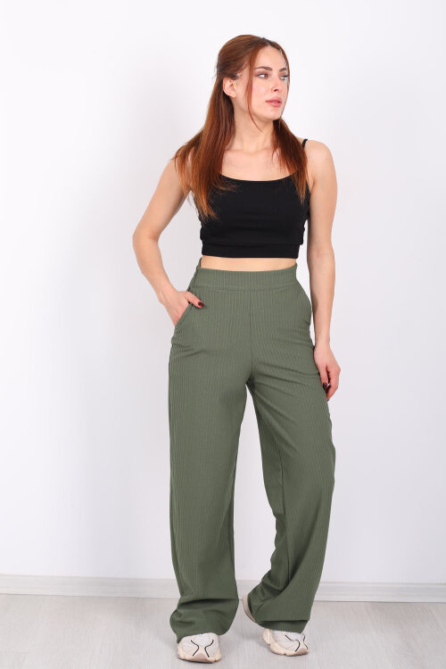 Beli Lastikli Dokuma Yeşil Kadın Palazzo Pantolon - 5