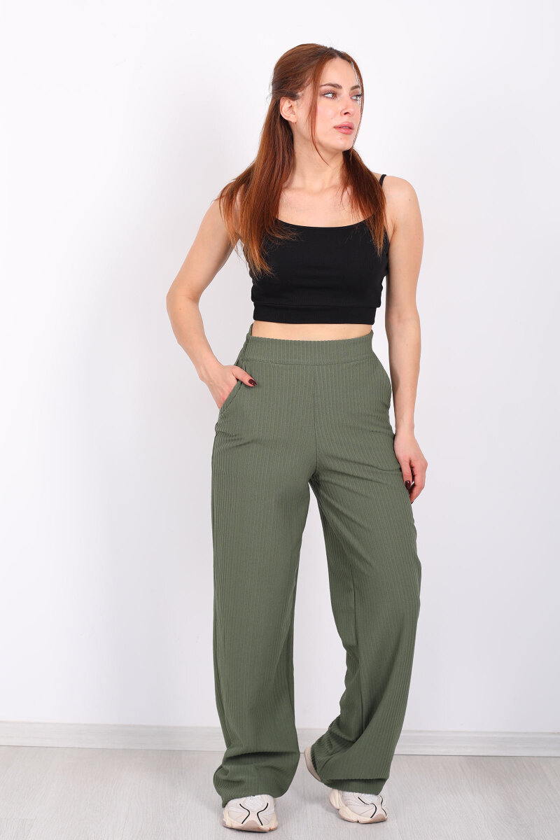 Beli Lastikli Dokuma Yeşil Kadın Palazzo Pantolon - 5