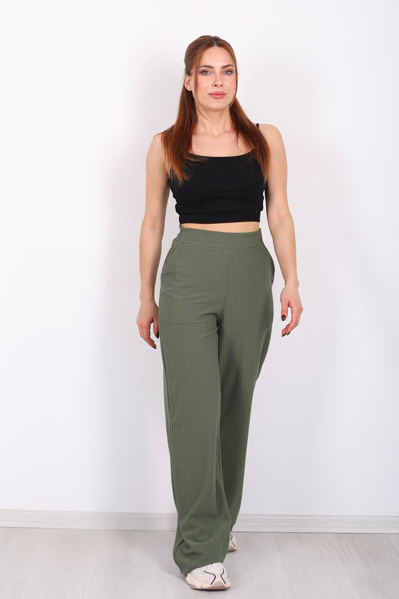 Beli Lastikli Dokuma Yeşil Kadın Palazzo Pantolon - 1