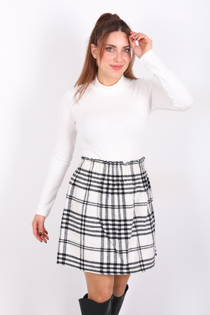Beli Lastikli Ekose Desen Beyaz Kareli Kadın Etek - 1