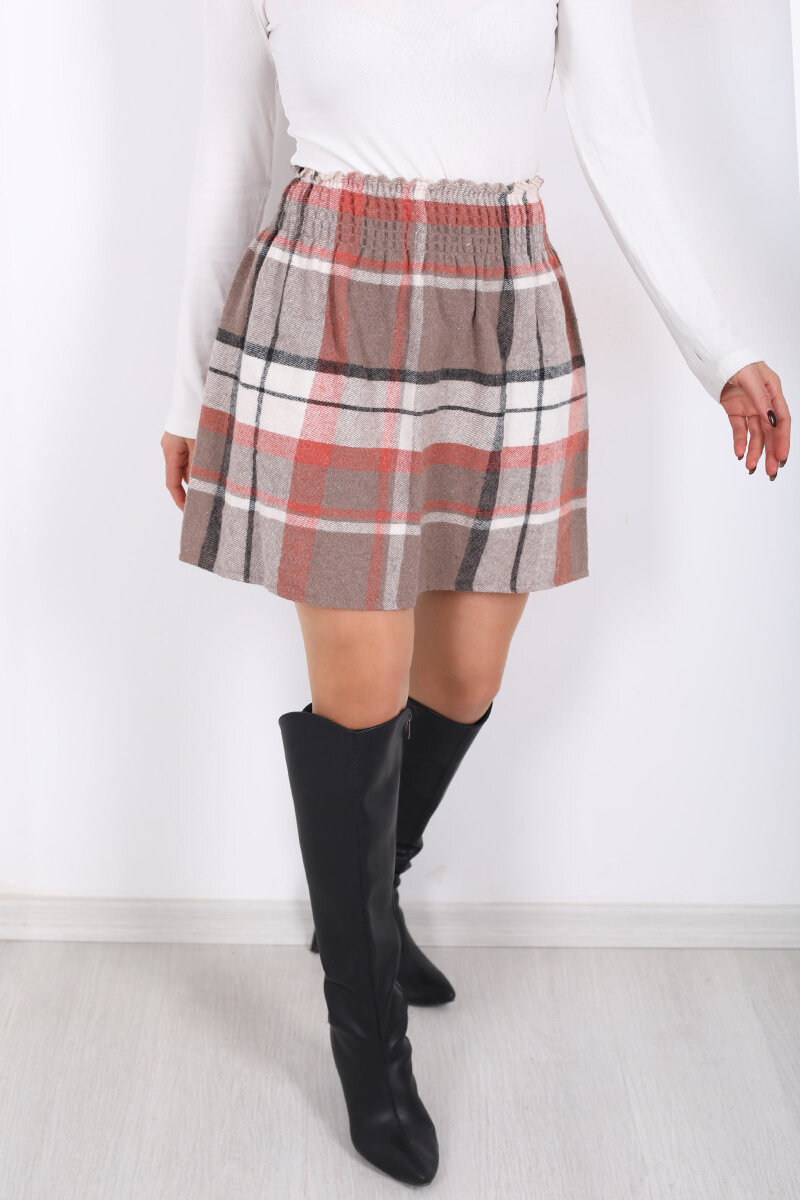 Beli Lastikli Ekose Desen Vizon Kareli Kadın Etek - 2