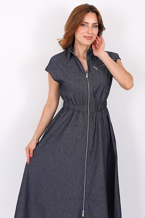 Beli Lastikli Fermuarlı Lacivert Kadın Denim Elbise - 4