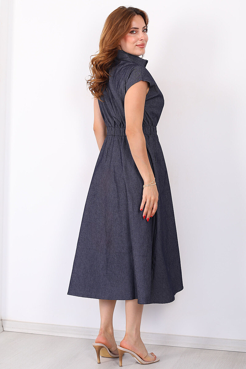 Beli Lastikli Fermuarlı Lacivert Kadın Denim Elbise - 5