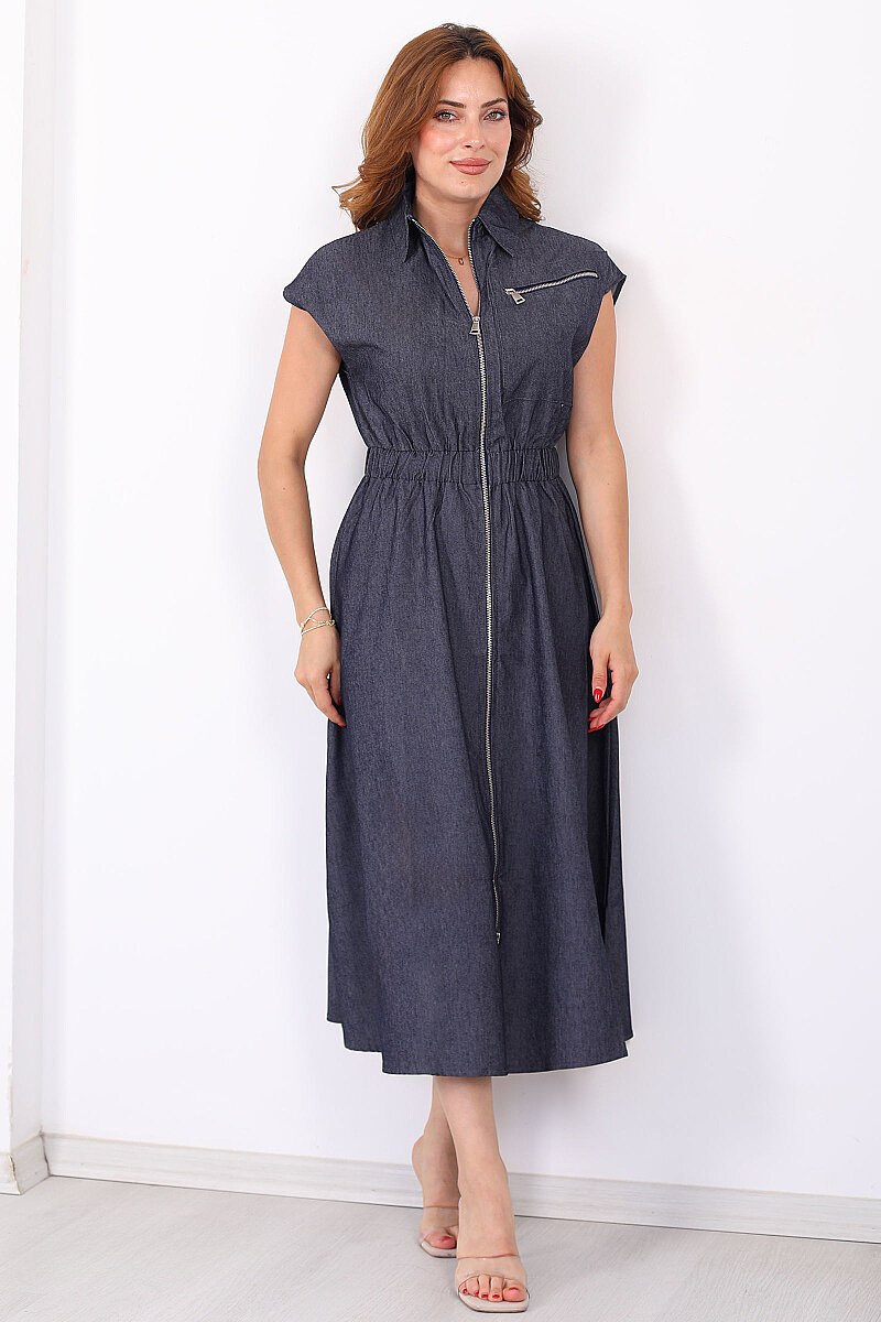 Beli Lastikli Fermuarlı Lacivert Kadın Denim Elbise - 6