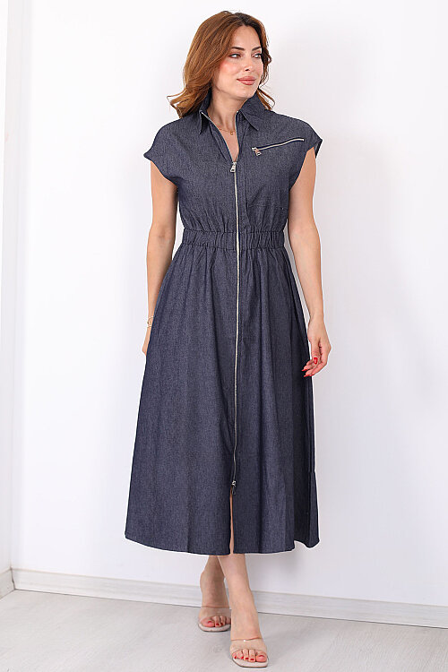 Beli Lastikli Fermuarlı Lacivert Kadın Denim Elbise - 3