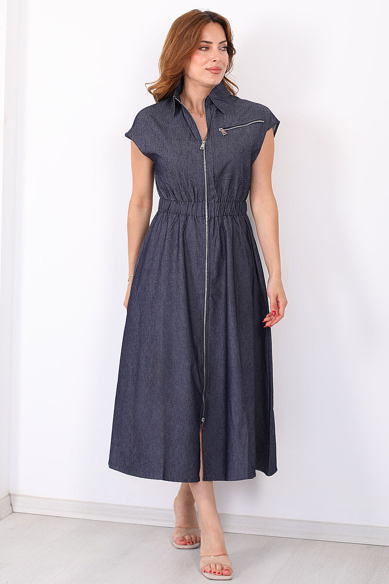 Beli Lastikli Fermuarlı Lacivert Kadın Denim Elbise - 3