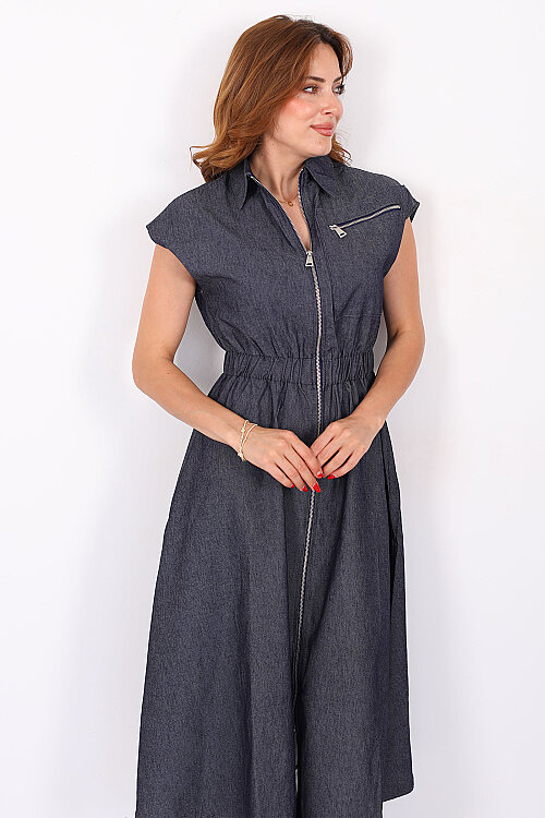 Beli Lastikli Fermuarlı Lacivert Kadın Denim Elbise - Berox