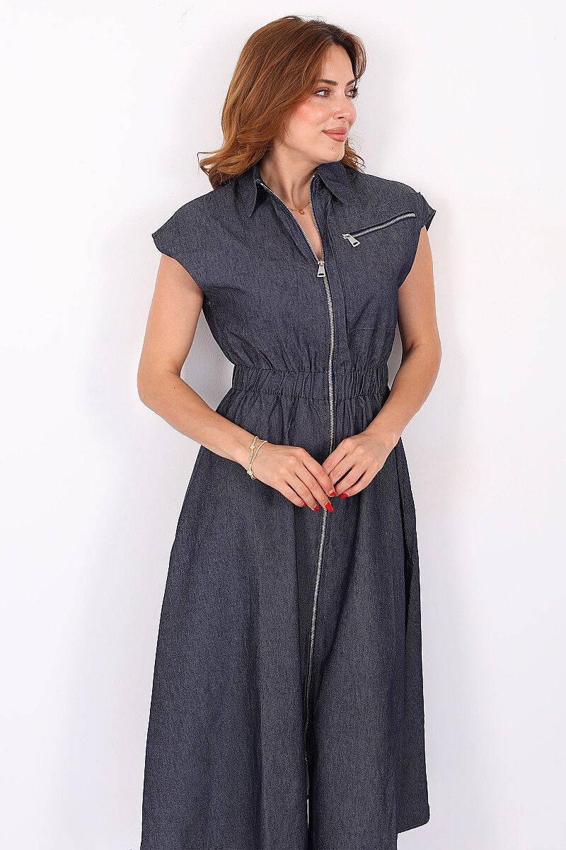 Beli Lastikli Fermuarlı Lacivert Kadın Denim Elbise - 1
