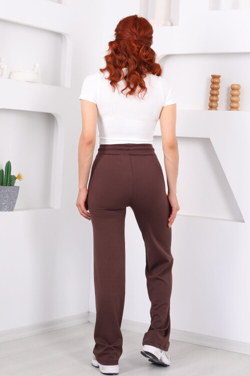 Beli Lastikli Fitilli Boru Paça Acı Kahve Kadın Pantolon - 5