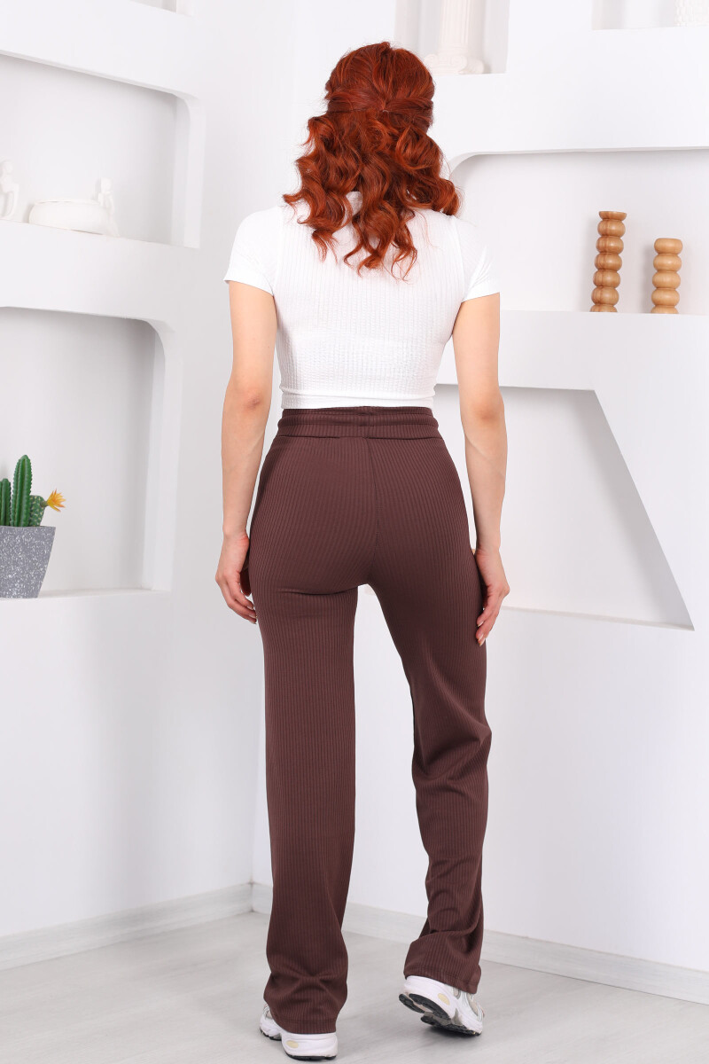 Beli Lastikli Fitilli Boru Paça Acı Kahve Kadın Pantolon - 5