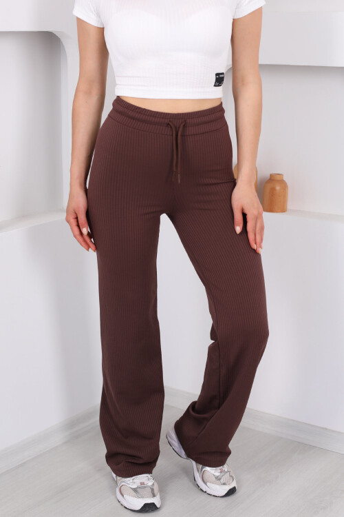 Beli Lastikli Fitilli Boru Paça Acı Kahve Kadın Pantolon - 2