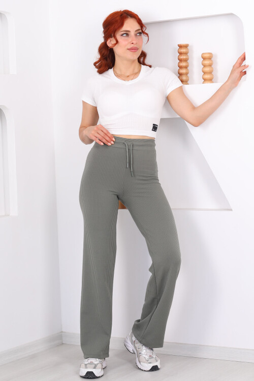 Beli Lastikli Fitilli Boru Paça Haki Kadın Pantolon - 3