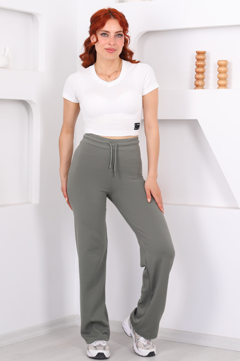 Beli Lastikli Fitilli Boru Paça Haki Kadın Pantolon - 4